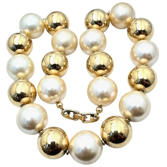 Vintage Napier Womens Glass Pearl Gold Tone Large Bead Choker Statement Necklace - Picture 1 of 6